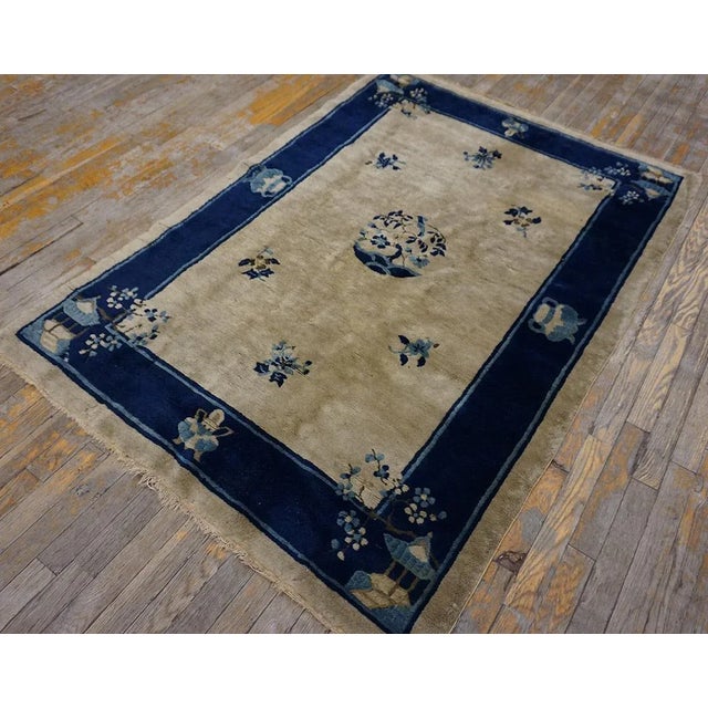 Chinese 1920s Beige Foliate Medallion Antique Chinese Peking Carpet 4' X 5'9" Knotted Wool Rug For Sale - Image 3 of 10