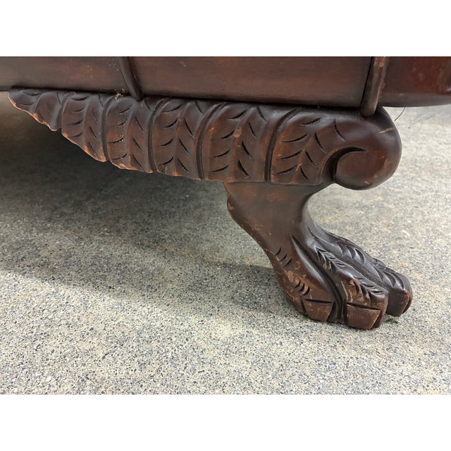 Early 20th Century Early 20th Century American Empire Revival Swan-Arm Sofa With Carved Frame and Coral Damask Upholstery For Sale - Image 5 of 5