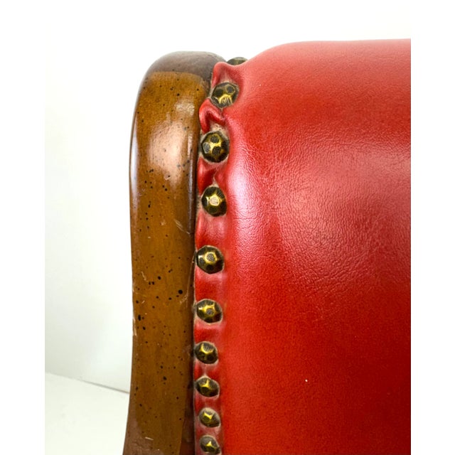 Mid 20th Century Red Leather Armchair With Curved Wood Arms and Brass Nailhead Trim For Sale - Image 4 of 12
