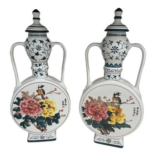 Vintage Pair of Floral Chinese Porcelain Moon Flasks (Urns, Vases) For Sale