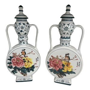 Vintage Pair of Floral Chinese Porcelain Moon Flasks (Urns, Vases)