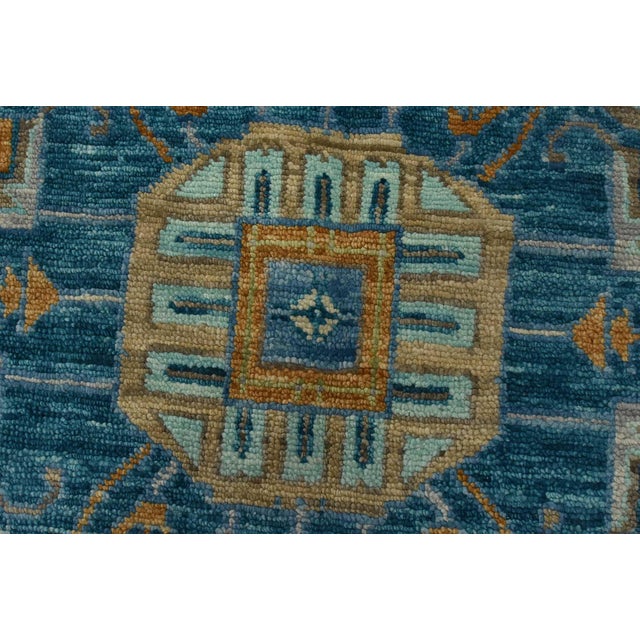 Textile Serapi Rug 12’2” X 15’3” Blue Wool Tribal Hand-Knotted Oriental Carpet For Sale - Image 7 of 12