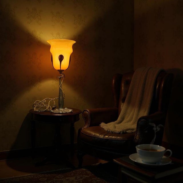 Rare Art Deco table lamp by Paul Follot, French design icon of the early 20th century, characterized by an orange handmade...