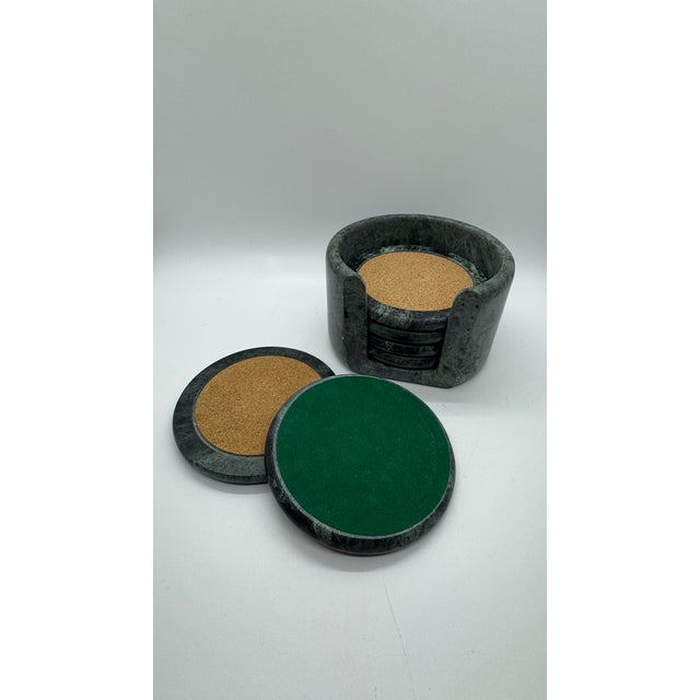 Wood 1980's Jade Green Marble Coaster Set - 7 Piece For Sale - Image 7 of 11