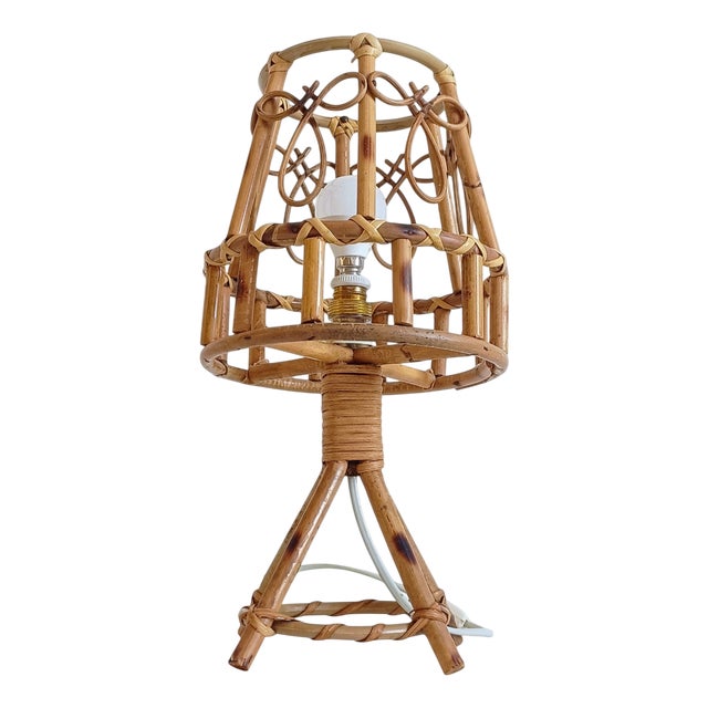 Mid-Century Bamboo Rattan Table Lamp in the style of Louis Sognot, 1960s For Sale