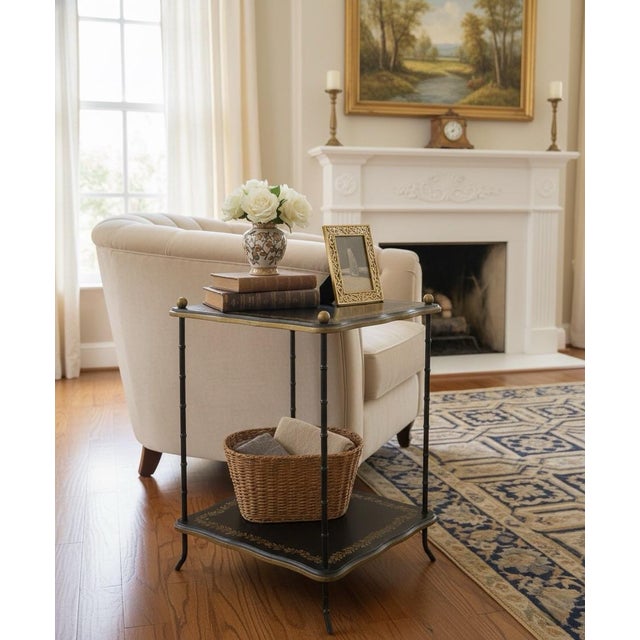 Wood Vintage Hollywood Regency Faux Metal Bamboo Two-Tier Occasional Table With Gilt Laurel Detail For Sale - Image 7 of 8