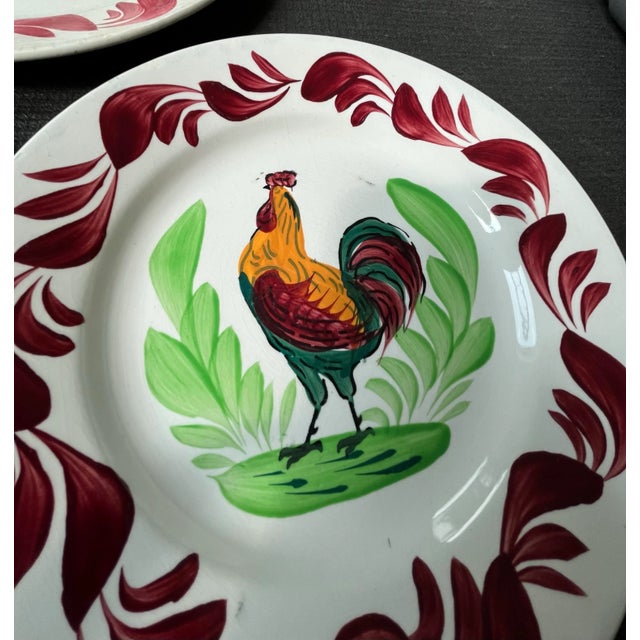 1930s French Hand-Painted Terre De Fer Rooster Plates-a Pair For Sale In Houston - Image 6 of 7
