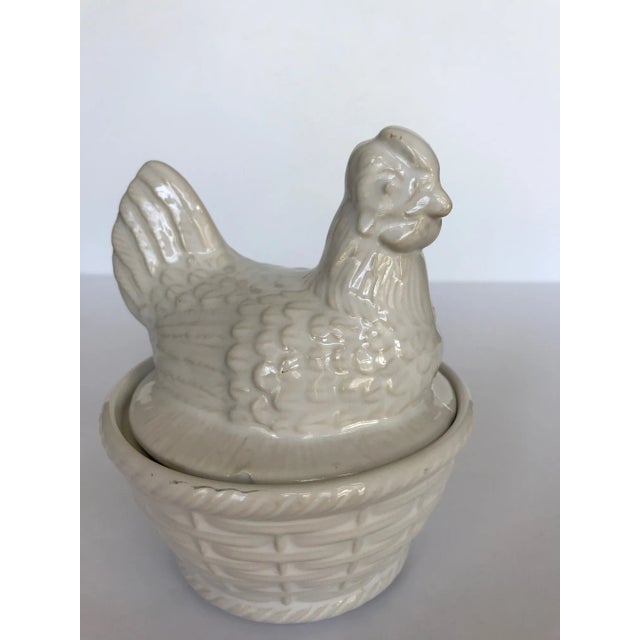 Farmhouse White Ceramic Hen Sitting on a Basket Dish Made in Portugal For Sale - Image 3 of 8
