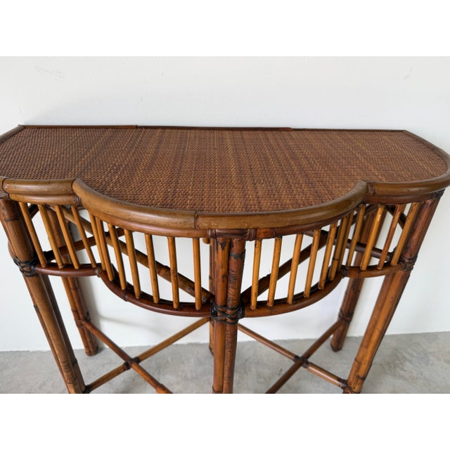 Wood Vintage Milling Road for Baker Bamboo & Rattan Demi-Lune Console Table For Sale - Image 7 of 12
