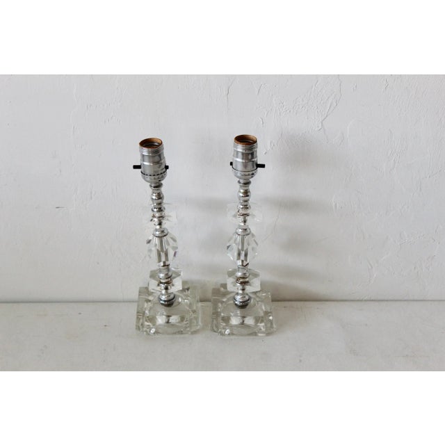 1960s Vintage Mid Century Chrome Cut Glass Small Scale Table Lamps-A Pair For Sale - Image 5 of 11
