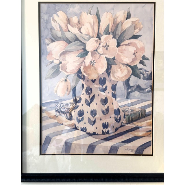 Vintage Jerianne Van Dijk Oversized Framed Floral Lithograph – Pink Tulips in Delft Pitcher For Sale In Greenville, SC - Image 6 of 16