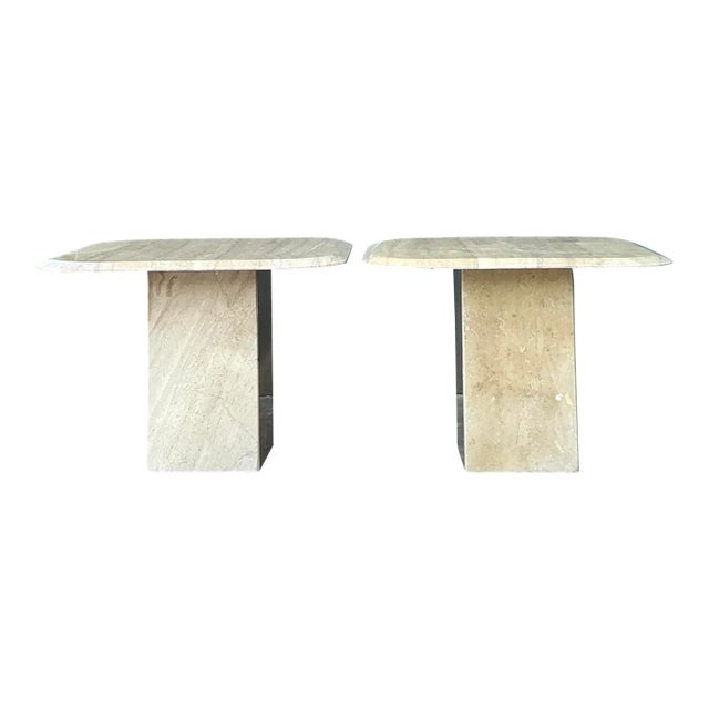 Vintage Boho Travertine Side Tables - A Pair For Sale