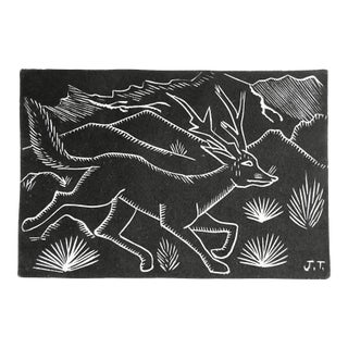Vintage Mid 20th Century Jose Rey Toledo Coyote Deer Woodcut For Sale