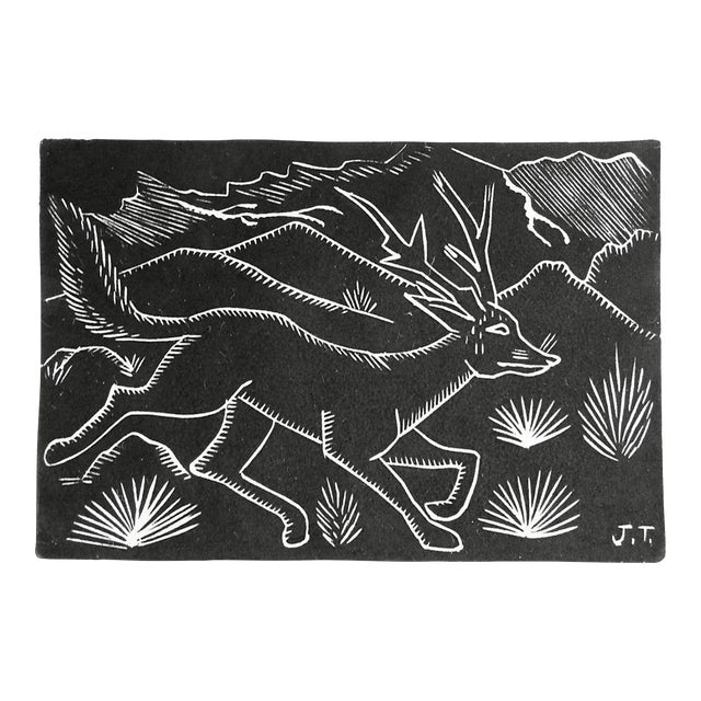 Vintage Mid 20th Century Jose Rey Toledo Coyote Deer Woodcut For Sale