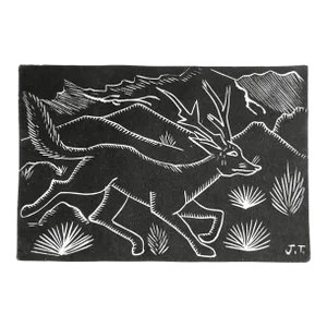 Vintage Mid 20th Century Jose Rey Toledo Coyote Deer Woodcut