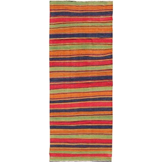 Vintage Kilim Runner With Horizontal Stripes in Bright Colors, Orange, Green, Blue, Red, Gold For Sale