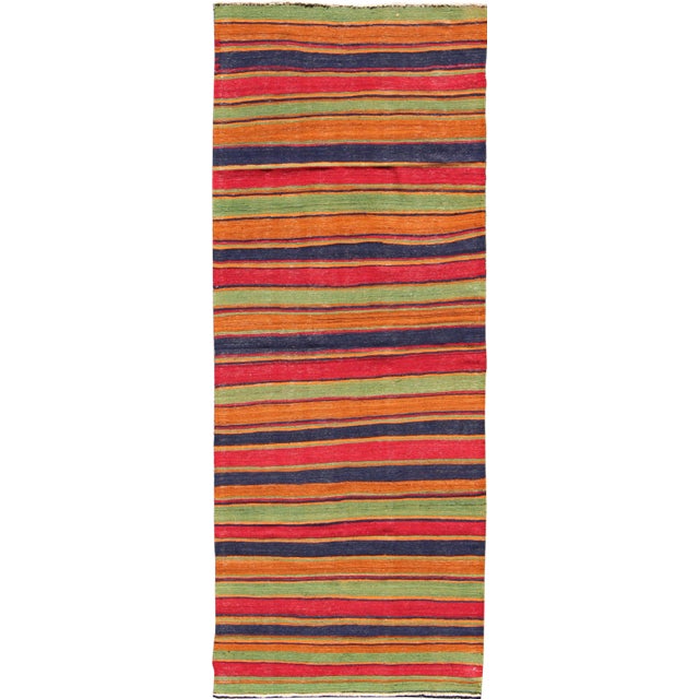 Vintage Kilim Runner With Horizontal Stripes in Bright Colors, Orange, Green, Blue, Red, Gold For Sale