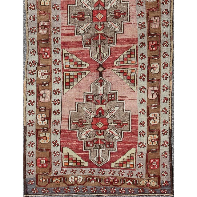 Mid 20th Century Vintage Turkish Oushak Long Runner With Rose and Pink 4'2" X 14'0" For Sale - Image 5 of 9
