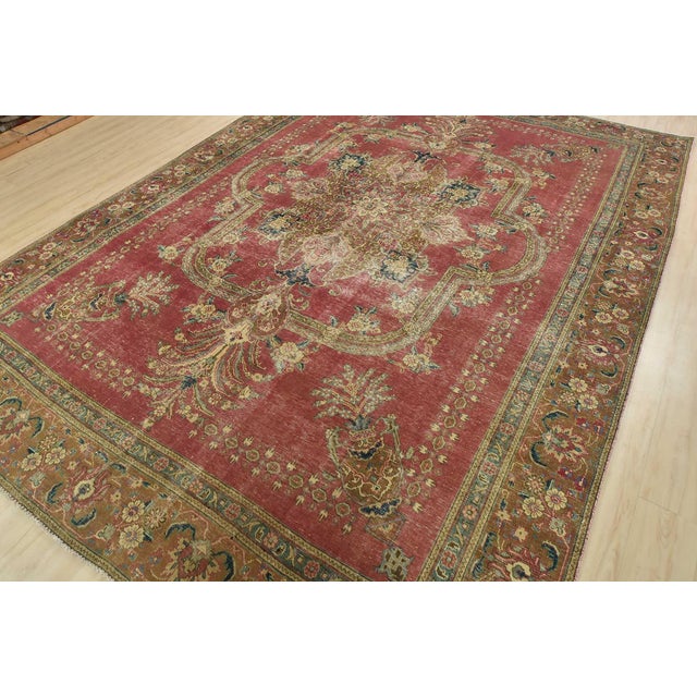 Farmhouse Tabriz Rug 9’1” X 12’4” Red Wool Vintage Distressed Hand-Knotted Carpet For Sale - Image 3 of 15