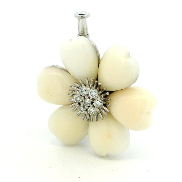 Metal Vintage Italian 18k White Gold Mother-of-Pearl Diamond Flower Brooch, 1970s For Sale - Image 7 of 16