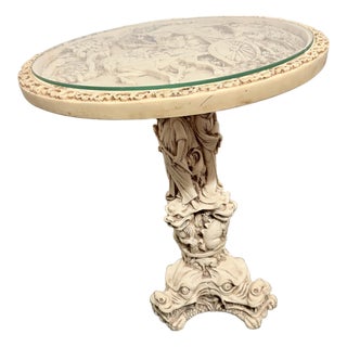 Vintage 1960s Asian Faux-Ivory Resin Opium Side Table - Intricate Relief Carving For Sale