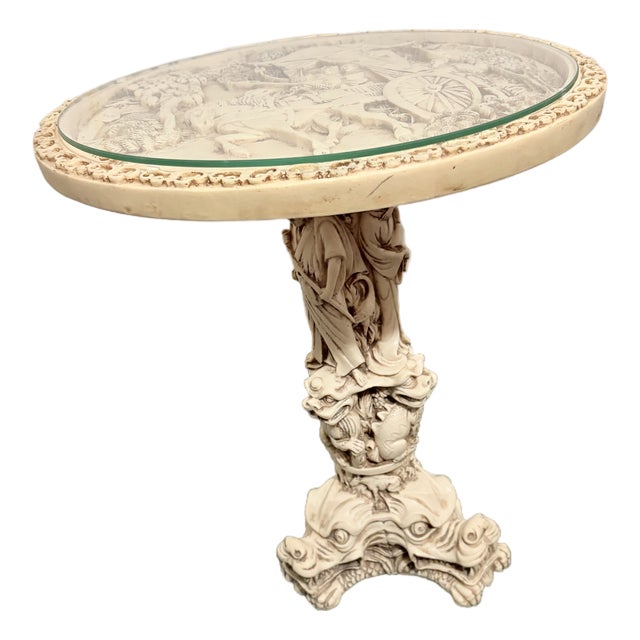 Vintage 1960s Asian Faux-Ivory Resin Opium Side Table - Intricate Relief Carving For Sale