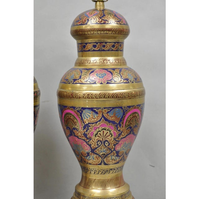 Vintage Brass & Cloisonné Enamel Pink & Blue Jardiniere Urn Table Lamps - Pair For Sale - Image 10 of 14