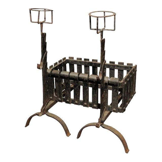 Late 19th Century English Iron Firedogs with Log Basket For Sale