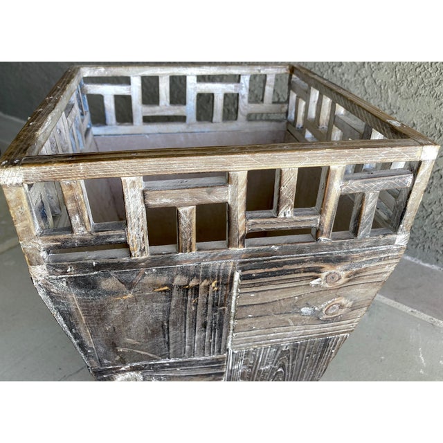 Late 20th Century Adirondack-Style Footed Knotty Wood Parquetry Jardinière or Basket With Jali-Inspired Trimmed Border For Sale - Image 15 of 18