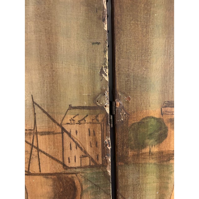 Antique Hand-Painted Folk Art Room Divider Partition 3-Panel Screen With Nautical Commercial City Harbor Scene For Sale - Image 12 of 12