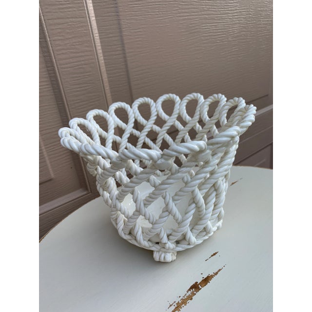 French Country Trompe l'Oeil Porcelain Rope Basket Cachepot For Sale - Image 4 of 10