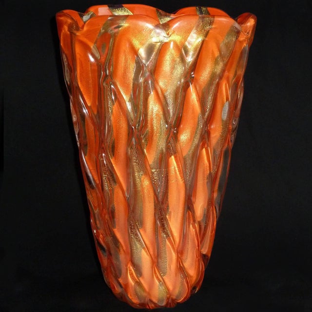 Alfredo Barbini Murano Mid Century 1950s Orange Stripes Gold Flecks