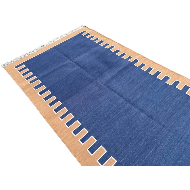 Textile Not Yet Made - Made To Order Handmade Cotton Vegetable Dyed Blue, Cream and Tan Zig Zag Striped Rug-4'x6' For Sale - Image 7 of 11