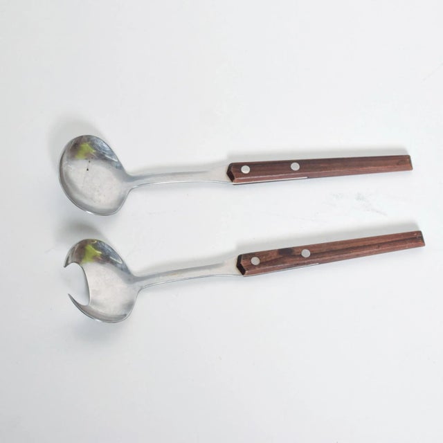 Mid-Century Modern WMF Cromargan Wood & Stainless-Steel Salad Servers Mid Century Modern Dansk For Sale - Image 3 of 11