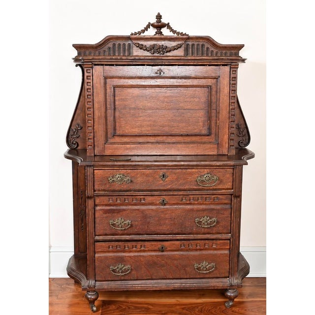 Victorian Late 19th Century Victorian Renaissance Revival Carved Drop-Front Secretary Desk For Sale - Image 3 of 18