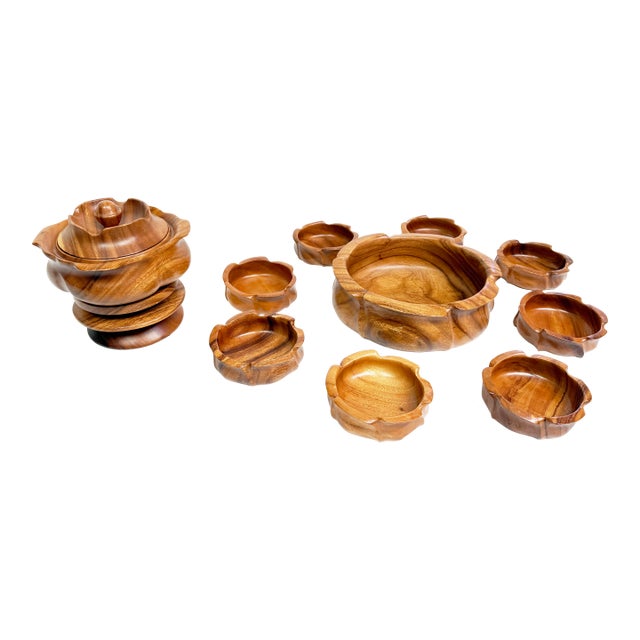 Vintage 1960s Hand Carved Monkey Pod Wood Lazy Susan & Serving Set – 11 Pieces For Sale