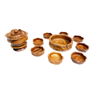 Vintage 1960s Hand Carved Monkey Pod Wood Lazy Susan & Serving Set – 11 Pieces