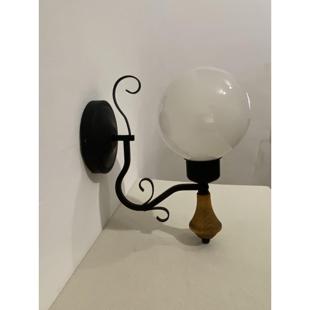 Vintage Opal Glass Globe Wall Lamp with Wood Detail, Europe, 1970s For Sale - Image 16 of 16