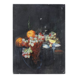 Vintage Dark Still Life Oil Painting of Grapes, Orange, and Shells For Sale