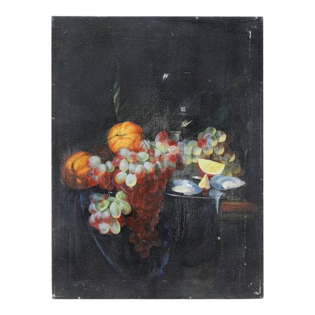 Vintage Dark Still Life Oil Painting of Grapes, Orange, and Shells For Sale