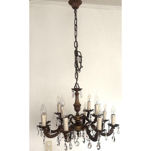 Metal Antique French Brass and Lead Crystal 12-Light Chandelier, 1920s For Sale - Image 7 of 11
