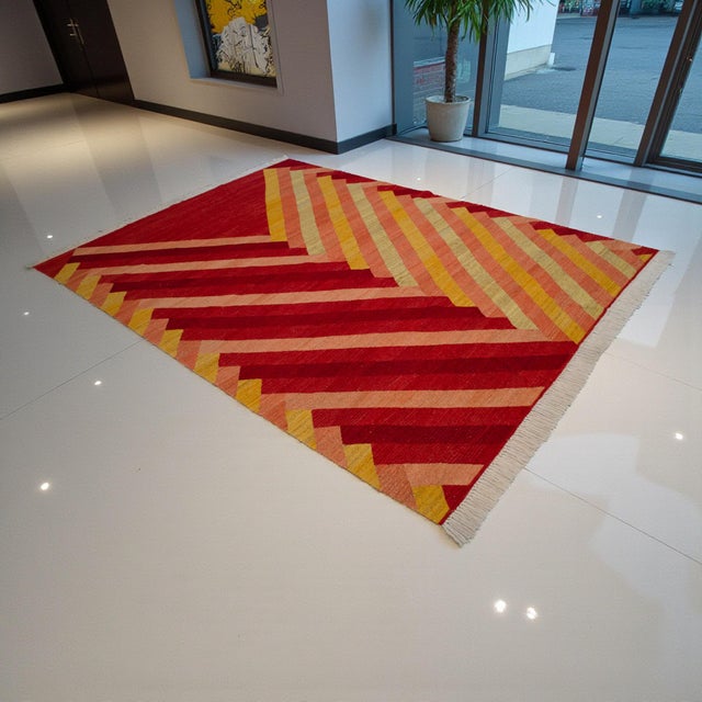 Handwoven in Turkey with precision and artistry, this contemporary Uşak kilim celebrates bold geometry and warm color...