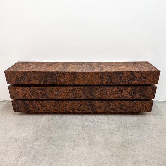 Gabriella Crespi Vintage Mid-Century Modern Stacked Burlwood Veneer Dresser For Sale - Image 4 of 10