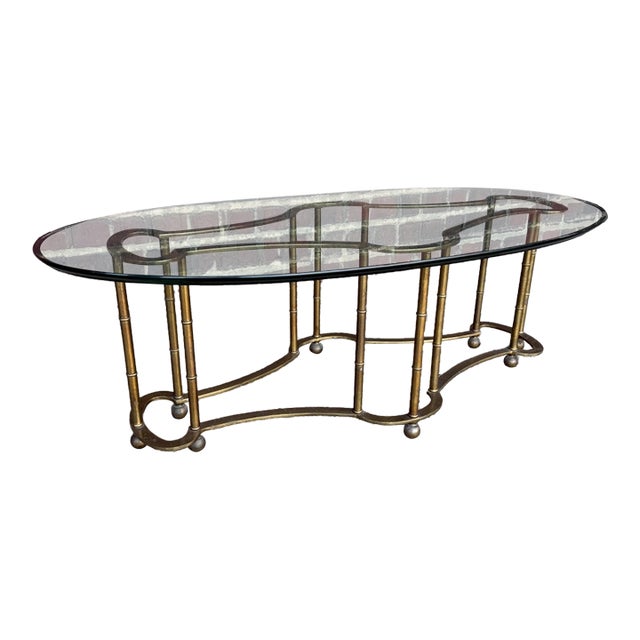 Mastercraft Brass and Glass Racetrack Oval Coffee Table For Sale