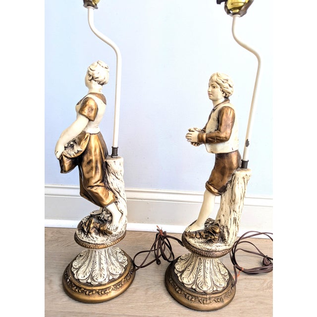 Metal Mid 20th Century French Figurative Lamp Boy Girl Peasants Chalkware - a Pair For Sale - Image 7 of 13