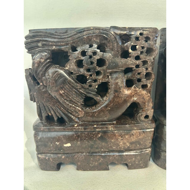 Chinoiserie Vintage Chinoiserie Carved Soapstone Phoenix Bookends – Mirrored Pair For Sale - Image 3 of 12