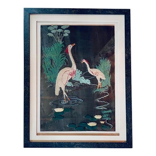 Rare Antique Embroidered Framed Artwork Depicting a Pair of Cranes in a Marsh, Early 20th Century For Sale