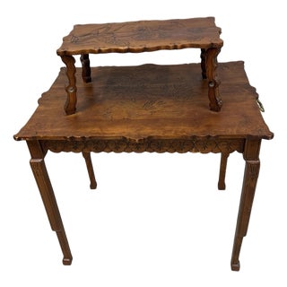 French Art Nouveau Two-Tier Walnut Tea Table With Hand-Carved Floral Decoration, Circa 1890 For Sale