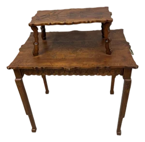 French Art Nouveau Two-Tier Walnut Tea Table With Hand-Carved Floral Decoration, Circa 1890
