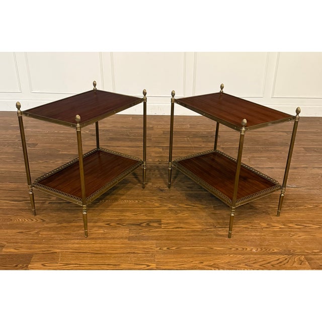 Leighton Hall Furniture Pair of Two Tiered Brass and Wood End Tables by Leighton Hall - Showroom Samples For Sale - Image 4 of 17